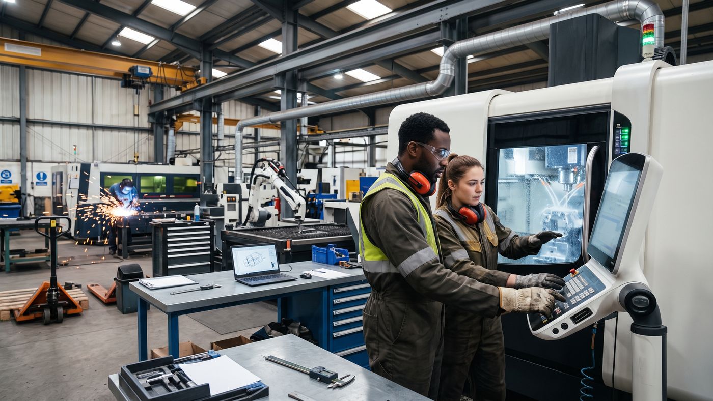 Two machinists setting up a CNC machine on the factory floor of a UK engineering business, with welding under way in the background