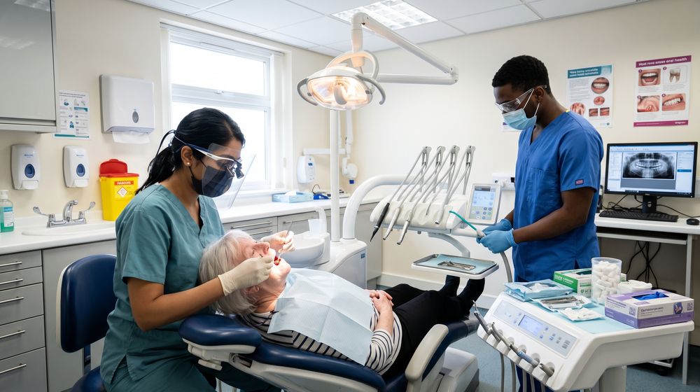 Dentist and dental nurse treating a patient in an independent UK dental practice