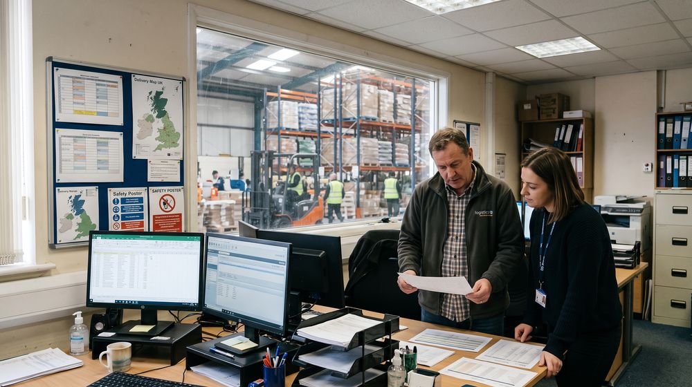 Managers of a UK distribution business going through delivery paperwork in the office above their warehouse