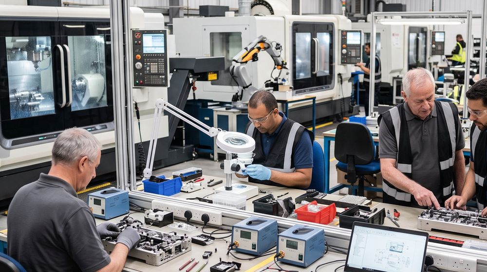 Technicians assembling and testing components on the benches of a UK precision manufacturer