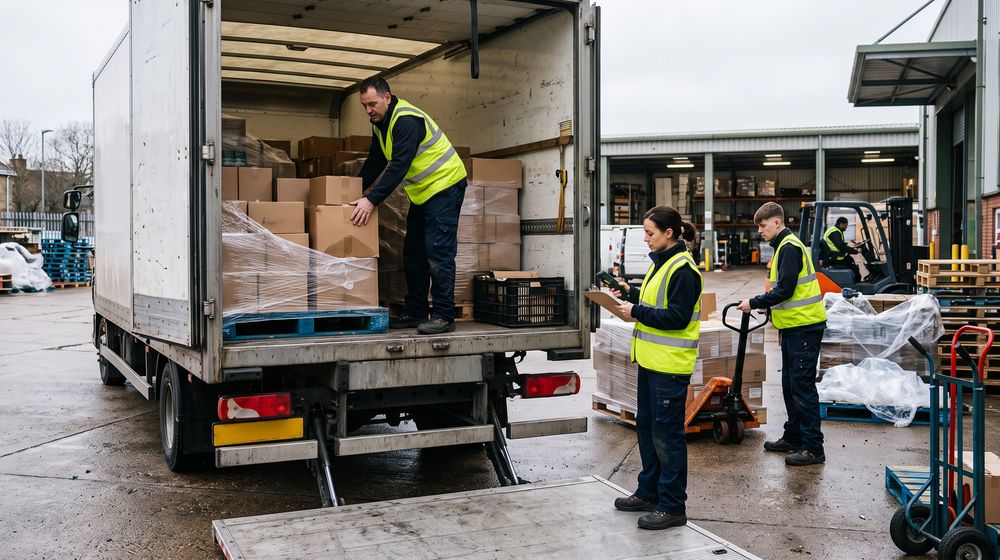 Team at a UK wholesaler loading stock onto a lorry in the yard ahead of a busy season
