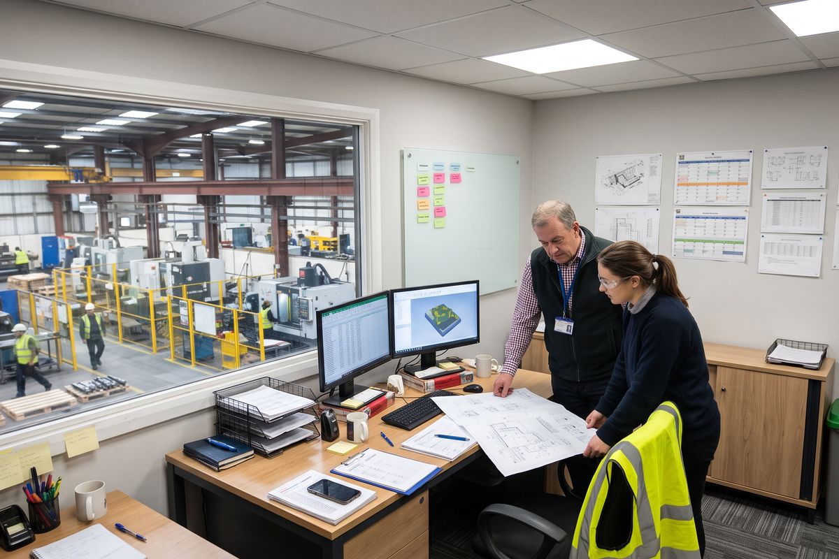 Owners of a UK manufacturer reviewing drawings in their office overlooking the factory floor